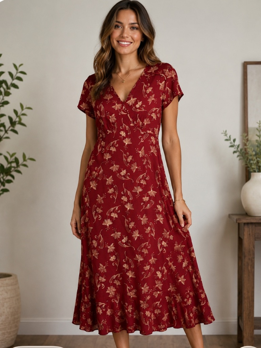 Vintage 90s Deep Red Sundance Floral Butterfly Tie Back 100% Silk Dress sz 10